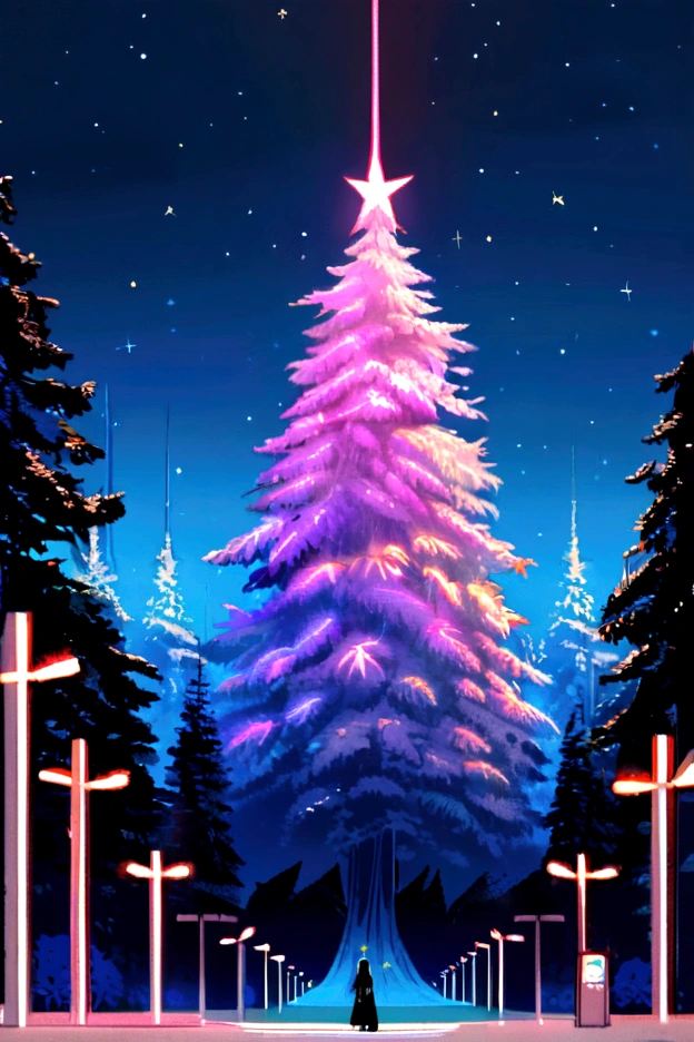 The trees are shining like neon lights, the water is blue, the sky is dark, and the stars are shining.