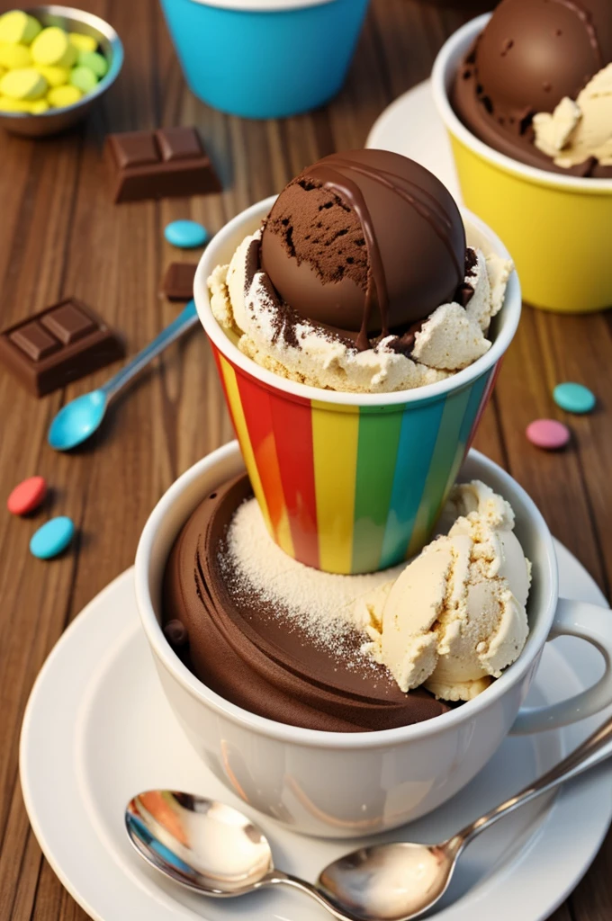 cold chocolate and shortbread ice cream mixed with colors in a cup and the name blendimir in 3d