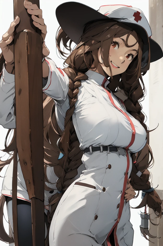 kisekienami, 1girl, solo, long hair, brown hair, hat, nurse cap, brown eyes, smile, nurse, white background, braid, huge breasts, looking at viewer, full body shot, drill hair