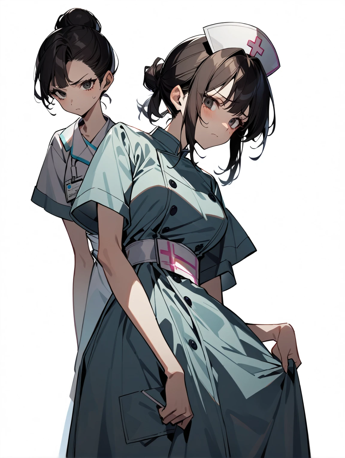 1 girl, nurse, wear a medical gown, waist-length, black eyes, tired face, weak facial expressions, hair tied at the back of the head in a bun, hair ivory color, stands directly towards the viewer, looking at viewer. white background, blank background.