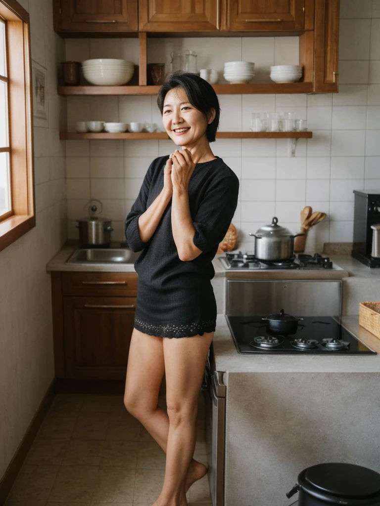 Bolormaa, black short hair, Mongolian woman, ((50-year-old)), (Mongolian skin), (Mongolian eyes), (Mongolian nose), (Mongolian lips), (Mongolian standard face), ordinary Mongolian woman, smiling, hair bobbles, deep eyes, consistent image, ((upper body and upper legs)), full nudity, (((selfie))), (((inside kitchen indoor)))