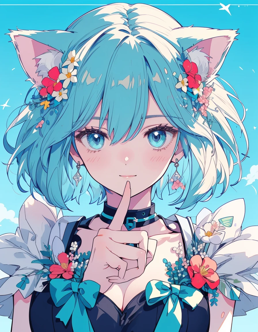 flower garden, smile, taking a flower bouquet, ((masterpiece, best quality:1.5)), ((Beautiful detailed cat aqua eyes:1.2)), cat ears, pale skin, medium breasts, beautiful hands, beautiful fingers, EasyNegative