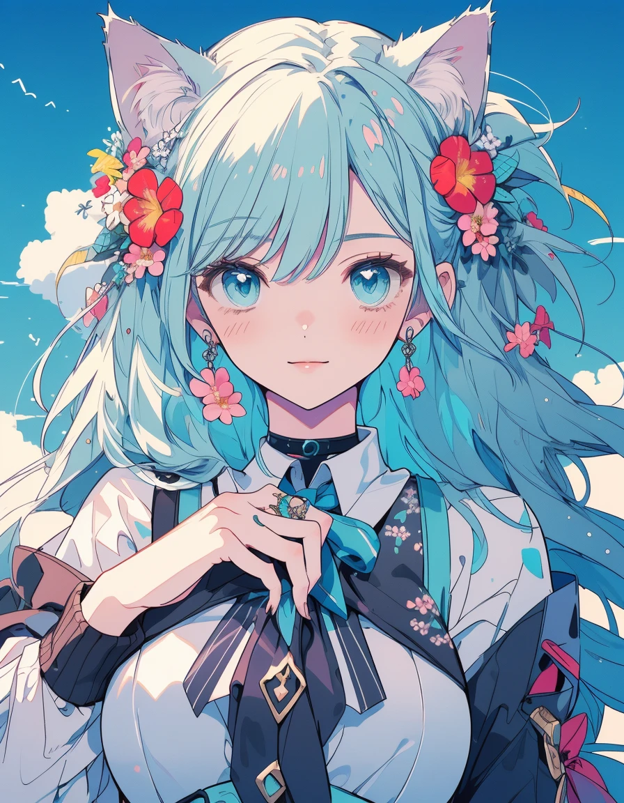 flower garden, smile, taking a flower bouquet, ((masterpiece, best quality:1.5)), ((Beautiful detailed cat aqua eyes:1.2)), cat ears, pale skin, medium breasts, beautiful hands, beautiful fingers, EasyNegative