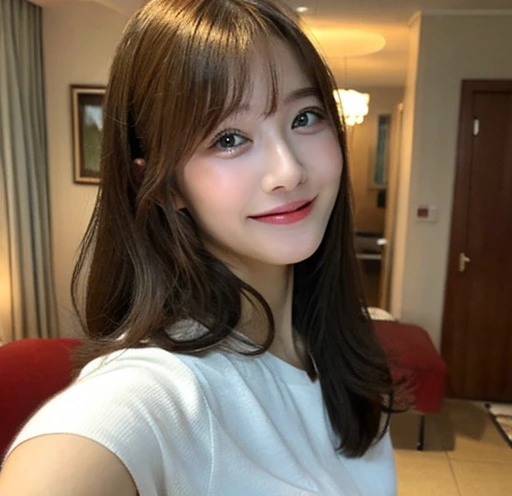 Selfie style in my room、Long Hair、Brown Hair、Highest quality, shape, Very detailed, finely, High resolution, 8k wallpaper, 完璧なダイナミックな構shape, Beautiful and detailed , Hotel(but), Sexy Face,Ecstatic expression,A face at the peak of sexual arousal,Sex-excited face、very young、very cute、Japanese