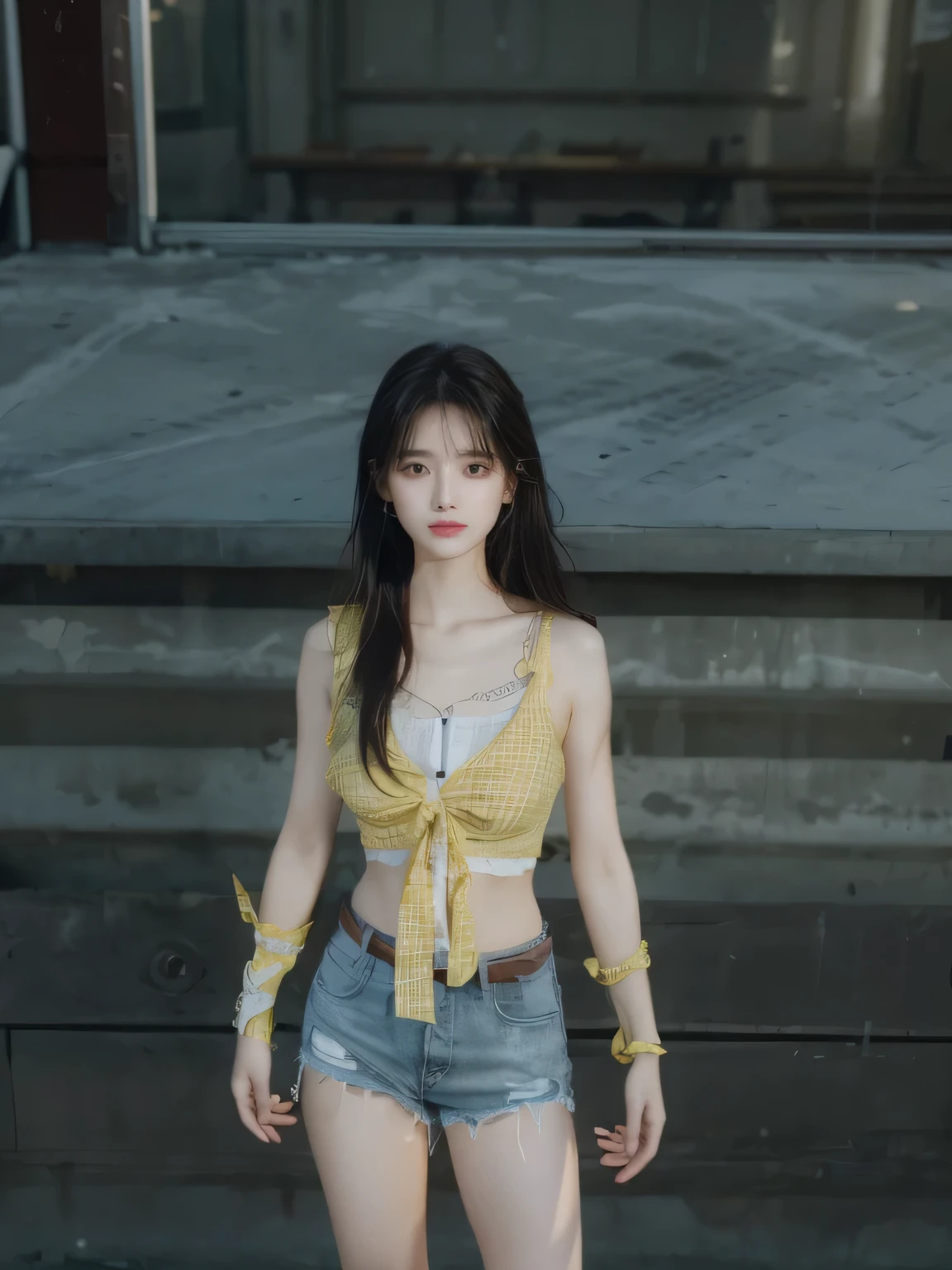 best quality, Ultra-high resolution, (Reality:1.4), 1 Girl, Button-down shirts, Black skirt, School, Dark brown hair, breast, (Blonde hair:1.2), Looking at the audience, (Highly detailed face:1.1),, (Pure face_v1:0.8),Tik Tok,
