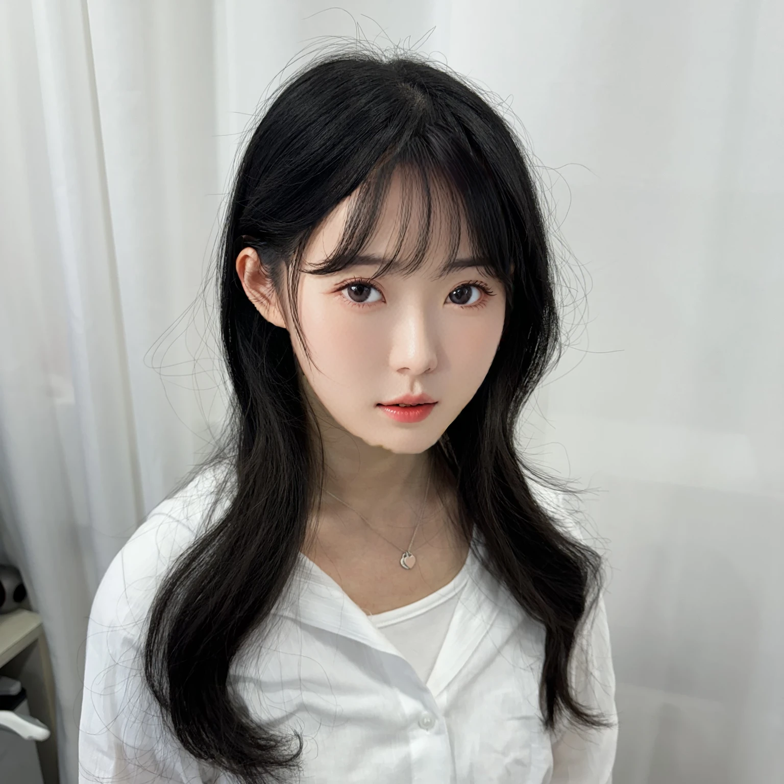 Best Quality, 8k, Masterpiece, (Portrait: 1.3), (photo realistic:1.4), (hyper realistic:1.4), Sharp Focus, looking at viewer, (smoother lighting:1.1), (increase cinematic lighting quality:0.9), realistic lighting, backlighting, light on face, ray trace, (brightening light:1.2), (Increase quality:1.4), sharp detail, (best quality real texture skin:1.4), finely detailed eyes, black_eyes, finely detailed face, 25 year old Korean woman, (white formal_shirt:1.4), (Create an image maintaining the original base model hairstyle:1.5)