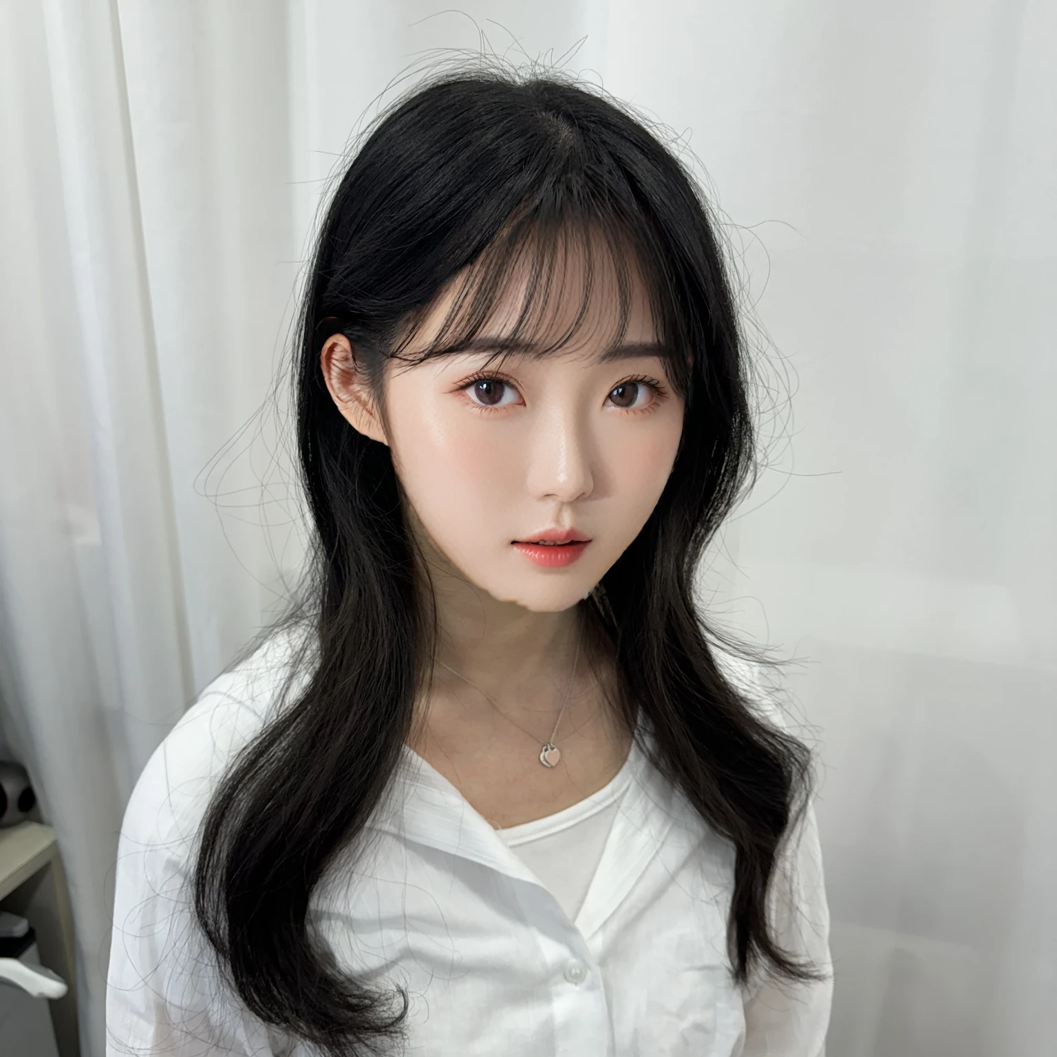Best Quality, 8k, Masterpiece, (Portrait: 1.3), (photo realistic:1.4), (hyper realistic:1.4), Sharp Focus, looking at viewer, (smoother lighting:1.1), (increase cinematic lighting quality:0.9), realistic lighting, backlighting, light on face, ray trace, (brightening light:1.2), (Increase quality:1.4), sharp detail, (best quality real texture skin:1.4), finely detailed eyes, black_eyes, finely detailed face, 25 year old Korean woman, (white formal_shirt:1.4), (Create an image maintaining the original base model hairstyle:1.5)