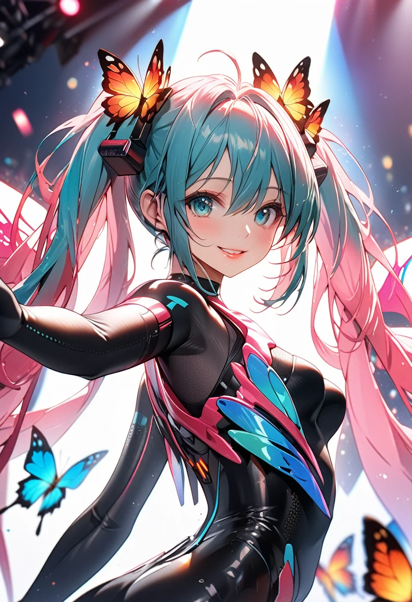 cute hatsune miku girl, beautiful detailed eyes, beautiful detailed lips, extremely detailed face and features, cyber-costume, fantastic color butterfly wings, flying, smiling, waving, holding microphone, dark live hall, audience, live monitor, fantastic lighting,Diagonal perspective from behind,(best quality,4k,8k,highres,masterpiece:1.2),ultra-detailed,HDR,UHD,studio lighting,ultra-fine painting,sharp focus,physically-based rendering,extreme detail description,professional,vivid colors,bokeh,anime,sakura,colorful