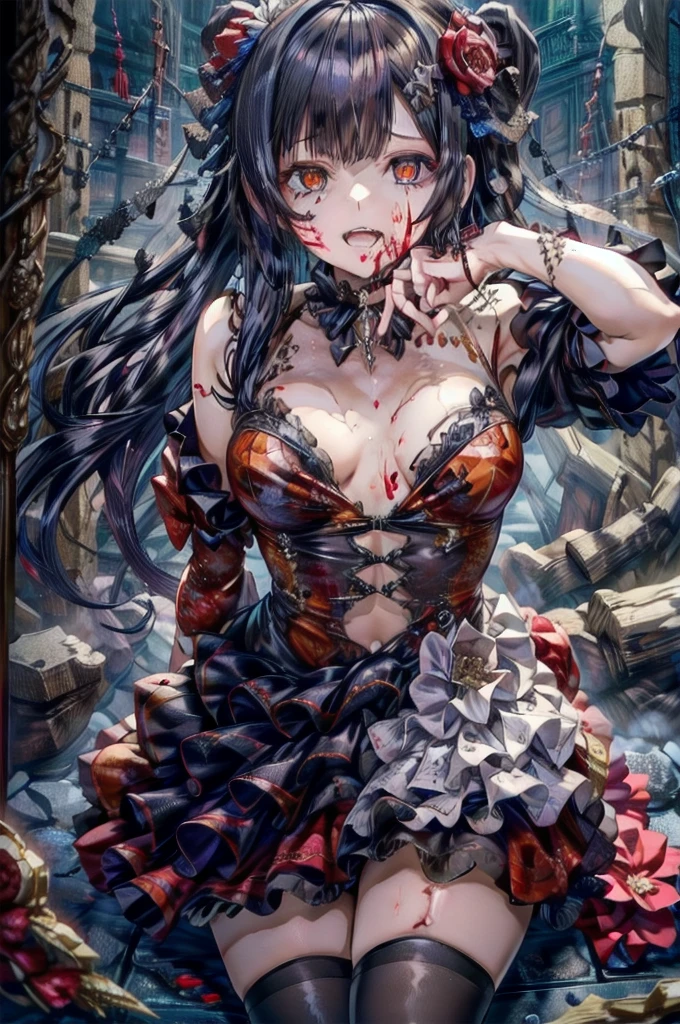 Crazy Smile, 狂ったeye, Cutely crafted luxurious hair band,(masterpiece:1.2, Highest quality), (Actual Photos, Intricate details), (1 female, alone, Upper Body, Small breasts) ，Scary atmosphere、Distorted facial expressions、Horror Art、Bloodの雨、Bloodを流す、Bloodしぶき、悪魔のeye、redいeye、scar、、火scar、whole body、Torn hair of a woman in slave clothes、（Long Hair）、（eyeにかかる長さの前髪）、、Black Hair、（（（eyeの下のクマ）））、青白いskin、Feeling unwell、Pathological、邪悪な笑face、狂ったeye、（Grin）Dramatic makeup，Create mixed media art、White Background(zombie:1.2),Horror 1 Girl, Open_mouth, , red_eye, Blood, Tilt_red_skin, bandage, Injury, Blood_On top of that_face, bandageを巻いた_arm, Blood_On top of that_zombie, Blood_On top of that_hand　Delicate features,disaster々new devil horns , Eyelids wide open, The trend is all,Crazy Smile, mouthを大きくOpen, mouthを開けてteethをむき出しにする,獣のような鋭いteeth, Wide lips, 非常に広いmouth, Vermilion cheeks, Blonde, Princess Cut, Ribbon hair ornament, brooch, Shiny candy blue dress, Gold embroidery,Lolita Style, Gothic style, Facing the audience, Otaku Room, Well-built body, Nice body, Ample breasts, Thick body,eyeを大きく開いて、Scary atmosphere、Distorted facial expressions、ねじれた笑face、Bloodまみれの、頭からの出Blood、Bloodしぶき、whole body、Long Hair、Long bangs、（（（eyeの下のクマ）））、青白いskin、Feeling unwell、Pathological、邪悪な笑face、狂ったeye、（Grin）Dramatic makeup，Create mixed media art,Well-built,Nice body,Broad shoulders,I focus,(face),Messy Hair,黄色いeye,(光るeye),(Bloodしぶき:1.6),red信号,笑face,big 笑face,teeth,psycho 笑face,gesugao,Dark city background,darkness,night,(close),良いeye, 良いteeth,サディスティックな笑face,,all,光沢のあるskin,詳細なface,Beautiful body,whole body油まみれで光沢感がある　whole bodyから湯気が出ている　Steam like a sauna room fills the screen..　mouthからの白い息　Luxurious lace long gloves