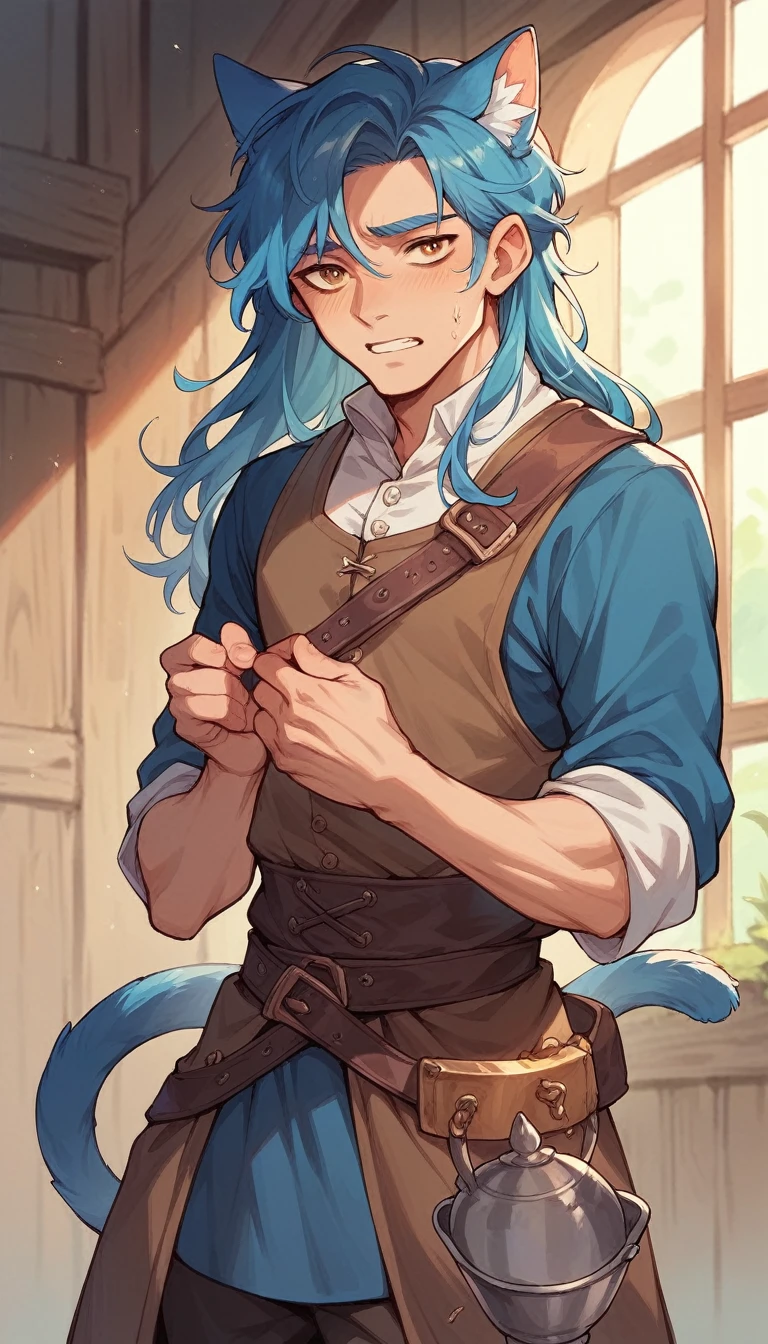 man a male teenager with a cat's tail and blue ears and a feminine and delicate build with long hair covering his ears in medieval clothing of a fantasy miner