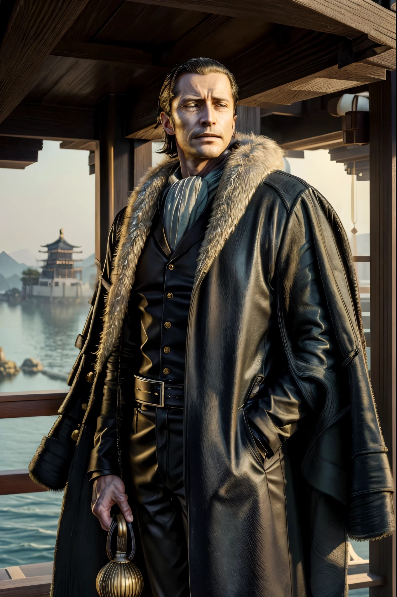 masterpiece, best quality, extremely detailed, hyperrealistic, photorealistic, a cool 40s man, ultra detailed face:1.2, fur-trimmed coat, scarf around the neck, his left hand is a golden pirate hook:1.1, the view from high-rise temple, japanese style garden, tree, serene, dynamic pose