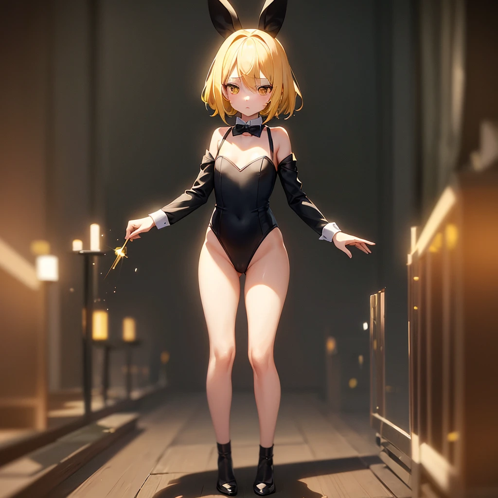 (Bunny girl),Cute little ,Tiny ,Small girl,,Childish face, Very fine clean face,Top quality,Straight Hair,Yellow hair,(Dark Room), Subtle light, Natural light,Soft lighting,Light from directly behind, (Are standing),Front view,Black background