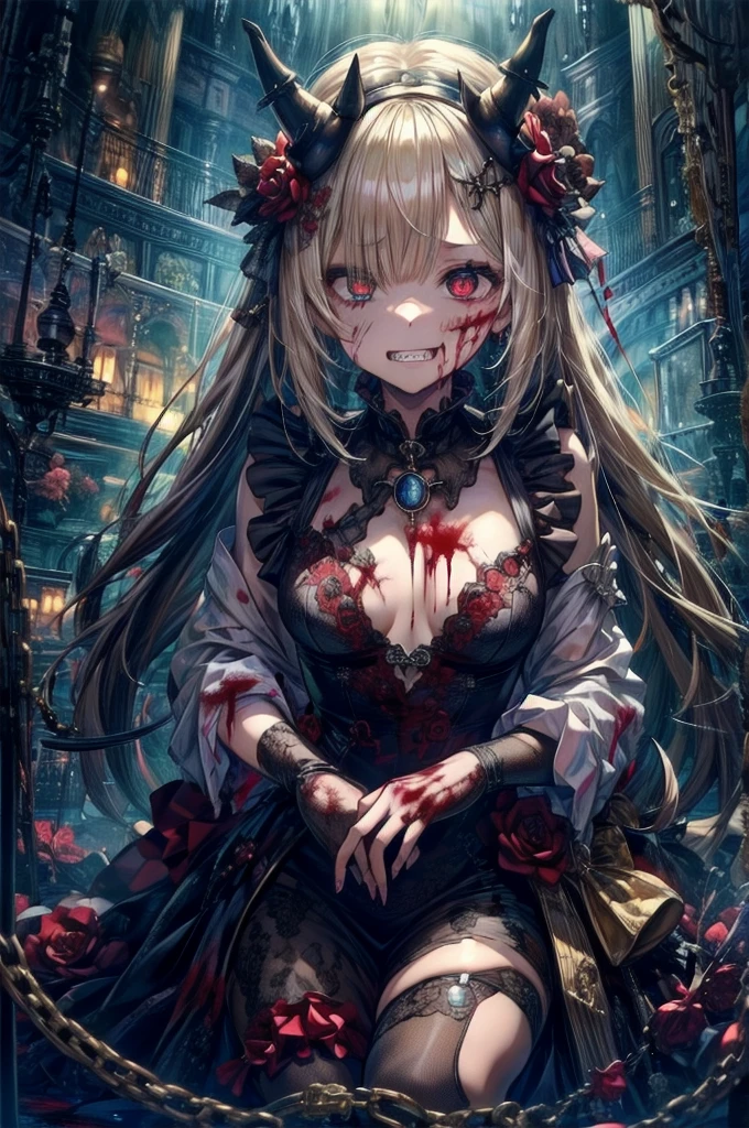 Crazy Smile, 狂ったeye, Cutely crafted luxurious hair band,(masterpiece:1.2, Highest quality), (Actual Photos, Intricate details), (1 female, alone, Upper Body, Small breasts) ，Scary atmosphere、Distorted facial expressions、Horror Art、Bloodの雨、Bloodを流す、Bloodしぶき、悪魔のeye、redいeye、scar、、火scar、whole body、Torn hair of a woman in slave clothes、（Long Hair）、（eyeにかかる長さの前髪）、、Black Hair、（（（eyeの下のクマ）））、青白いskin、Feeling unwell、Pathological、邪悪な笑face、狂ったeye、（Grin）Dramatic makeup，Create mixed media art、White Background(zombie:1.2),Horror 1 Girl, Open_mouth, , red_eye, Blood, Tilt_red_skin, bandage, Injury, Blood_On top of that_face, bandageを巻いた_arm, Blood_On top of that_zombie, Blood_On top of that_hand　Delicate features,disaster々new devil horns , Eyelids wide open, The trend is all,Crazy Smile, mouthを大きくOpen, mouthを開けてteethをむき出しにする,獣のような鋭いteeth, Wide lips, 非常に広いmouth, Vermilion cheeks, Blonde, Princess Cut, Ribbon hair ornament, brooch, Shiny candy blue dress, Gold embroidery,Lolita Style, Gothic style, Facing the audience, Otaku Room, Well-built body, Nice body, Ample breasts, Thick body,eyeを大きく開いて、Scary atmosphere、Distorted facial expressions、ねじれた笑face、Bloodまみれの、頭からの出Blood、Bloodしぶき、whole body、Long Hair、Long bangs、（（（eyeの下のクマ）））、青白いskin、Feeling unwell、Pathological、邪悪な笑face、狂ったeye、（Grin）Dramatic makeup，Create mixed media art,Well-built,Nice body,Broad shoulders,I focus,(face),Messy Hair,黄色いeye,(光るeye),(Bloodしぶき:1.6),red信号,笑face,big 笑face,teeth,psycho 笑face,gesugao,Dark city background,darkness,night,(close),良いeye, 良いteeth,サディスティックな笑face,,all,光沢のあるskin,詳細なface,Beautiful body,whole body油まみれで光沢感がある　whole bodyから湯気が出ている　Steam like a sauna room fills the screen..　mouthからの白い息　Luxurious lace long gloves