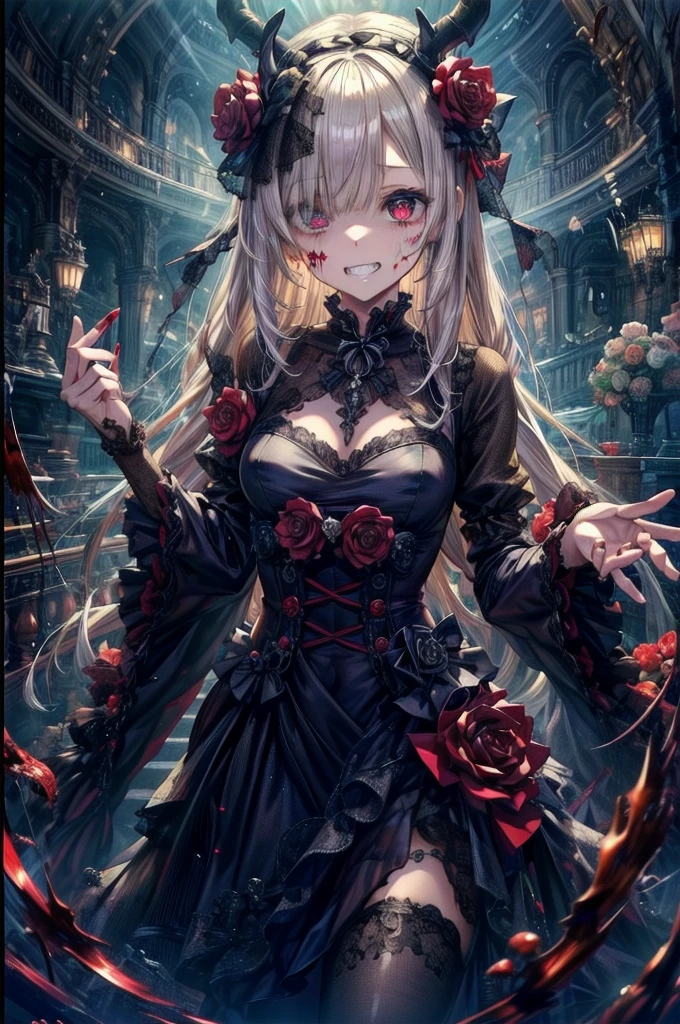 Crazy Smile, 狂ったeye, Cutely crafted luxurious hair band,(masterpiece:1.2, Highest quality), (Actual Photos, Intricate details), (1 female, alone, Upper Body, Small breasts) ,Scary atmosphere、Distorted facial expressions、Horror Art、Bloodの雨、Bloodを流す、Bloodしぶき、悪魔のeye、redいeye、scar、、火scar、whole body、Torn hair of a woman in slave clothes、(Long Hair)、(eyeにかかる長さの前髪)、、Black Hair、(((eyeの下のクマ)))、青白いskin、Feeling unwell、Pathological、邪悪な笑face、狂ったeye、(Grin)Dramatic makeup,Create mixed media art、White Background(zombie:1.2),Horror 1 Girl, Open_mouth, , red_eye, Blood, Tilt_red_skin, bandage, Injury, Blood_On top of that_face, bandageを巻いた_arm, Blood_On top of that_zombie, Blood_On top of that_hand Delicate features,disaster々new devil horns , Eyelids wide open, The trend is all,Crazy Smile, mouthを大きくOpen, mouthを開けてteethをむき出しにする,獣のような鋭いteeth, Wide lips, 非常に広いmouth, Vermilion cheeks, Blonde, Princess Cut, Ribbon hair ornament, brooch, Shiny candy blue dress, Gold embroidery,Lolita Style, Gothic style, Facing the audience, Otaku Room, Well-built body, Nice body, Ample breasts, Thick body,eyeを大きく開いて、Scary atmosphere、Distorted facial expressions、ねじれた笑face、Bloodまみれの、頭からの出Blood、Bloodしぶき、whole body、Long Hair、Long bangs、(((eyeの下のクマ)))、青白いskin、Feeling unwell、Pathological、邪悪な笑face、狂ったeye、(Grin)Dramatic makeup,Create mixed media art,Well-built,Nice body,Broad shoulders,I focus,(face),Messy Hair,黄色いeye,(光るeye),(Bloodしぶき:1.6),red信号,笑face,big 笑face,teeth,psycho 笑face,gesugao,Dark city background,darkness,night,(close),良いeye, 良いteeth,サディスティックな笑face,,all,光沢のあるskin,詳細なface,Beautiful body,whole body油まみれで光沢感がある whole bodyから湯気が出ている Steam like a sauna room fills the screen.. mouthからの白い息 Luxurious lace long gloves