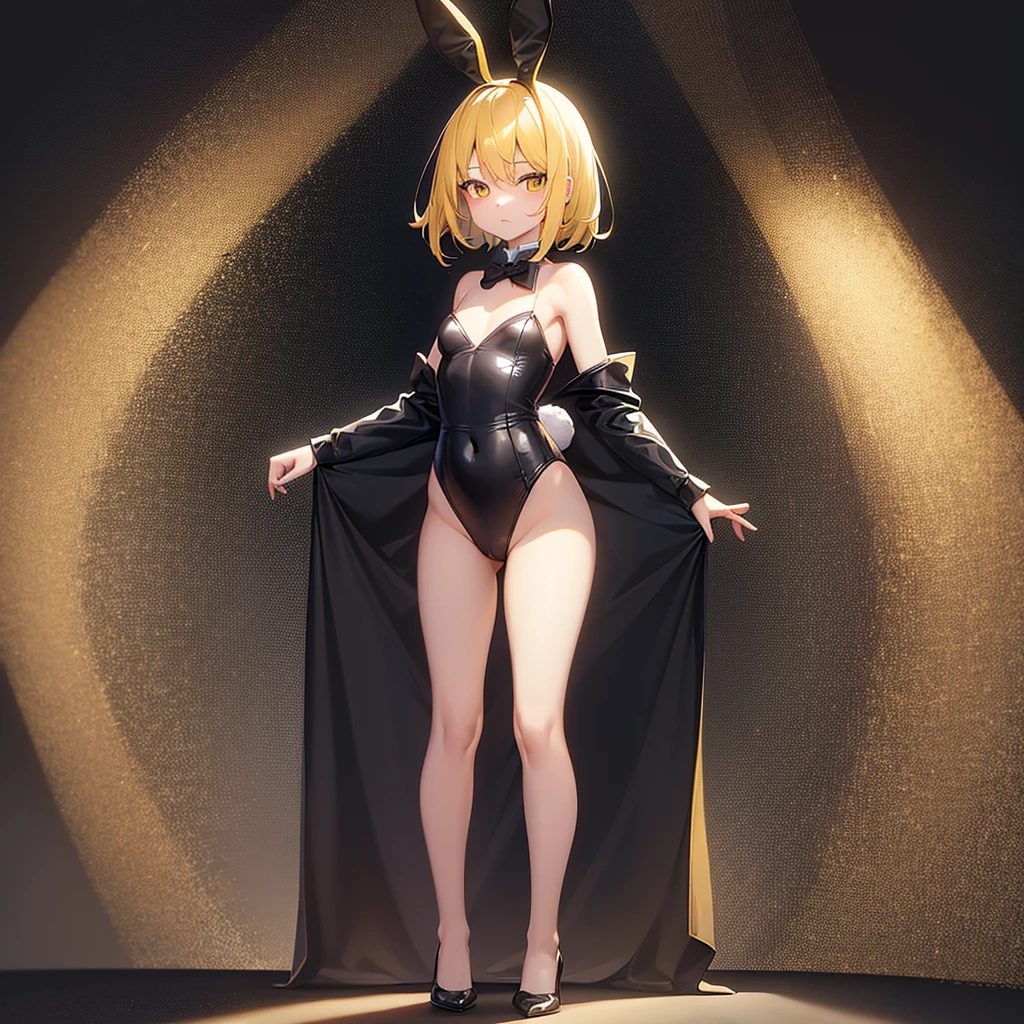 (Bunny girl),(Revealing clothing),Cute little ,Tiny ,Small girl,,Childish face, Very fine clean face,Top quality,Straight Hair,Yellow hair,(Dark Room), Subtle light, Natural light,Soft lighting,Light from directly behind, (Are standing),Front view,Black background