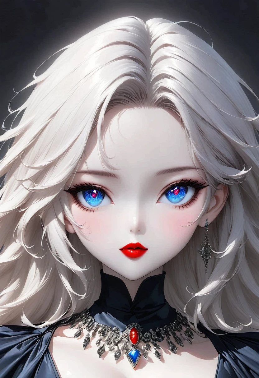 1 girl, solo, Jewel-like, White hair, Necklace, Red lips, Blue long hair, Lipstick, cosmetic, Upper part of the body, shut your mouth, 黑skirt,A little cleavage, clavicle, skirt,Dark Theme,Bad Girl,Shiny skin,(A lovely woman),Chic, Programming, nvinkpunk face close-up portrait (((inquirer))), Smooth and soft skin,blue pupils, Big and beautiful eyes, Beautiful and sophisticated hair dye, symmetry, Soft Lighting, Delicate face, Shen Haicheng, author:Stanley Artjem Liu, adequate, Ross, Concept Art, number, Looking up at the camera