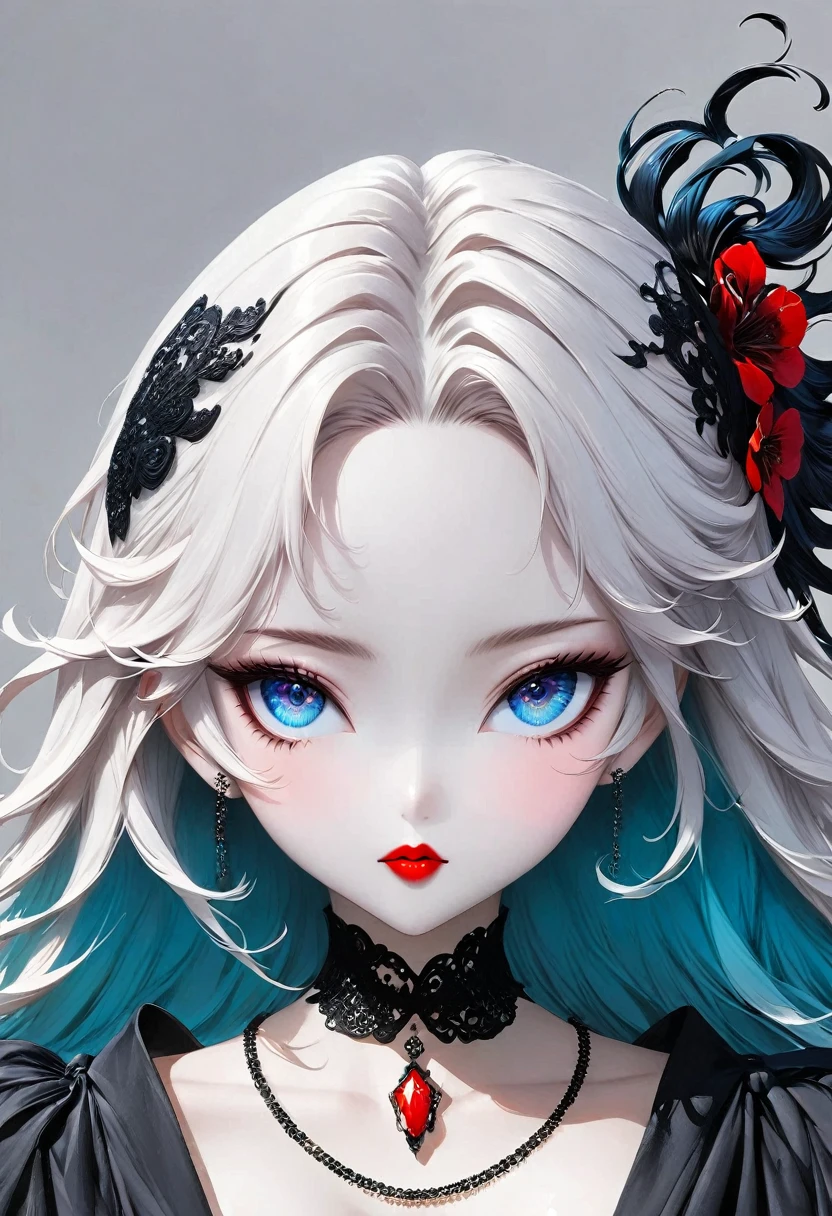 1 girl, solo, Jewel-like, White hair, Necklace, Red lips, Blue long hair, Lipstick, cosmetic, Upper part of the body, shut your mouth, 黑skirt,A little cleavage, clavicle, skirt,Dark Theme,Bad Girl,Shiny skin,(A lovely woman),Chic, Programming, nvinkpunk face close-up portrait (((inquirer))), Smooth and soft skin,blue pupils, Big and beautiful eyes, Beautiful and sophisticated hair dye, symmetry, Soft Lighting, Delicate face, Shen Haicheng, author:Stanley Artjem Liu, adequate, Ross, Concept Art, number, Looking up at the camera