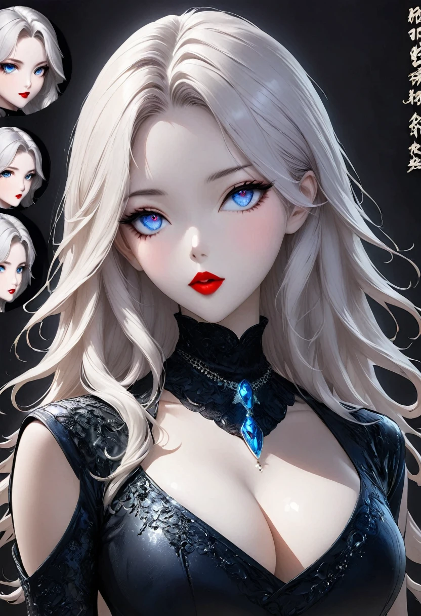 1 girl, solo, Jewel-like, White hair, Necklace, Red lips, Blue long hair, Lipstick, cosmetic, Upper part of the body, shut your mouth, 黑skirt,A little cleavage， clavicle, skirt,Dark Theme,Bad Girl,Shiny skin,(A lovely woman),Chic, Programming, nvinkpunk face close-up portrait (((inquirer))), Smooth and soft skin,blue pupils， Big and beautiful eyes, Beautiful and sophisticated hair dye, symmetry, Soft Lighting, Delicate face, Shen Haicheng, author：Stanley Artjem Liu, adequate, Ross, Concept Art, number, Looking up at the camera