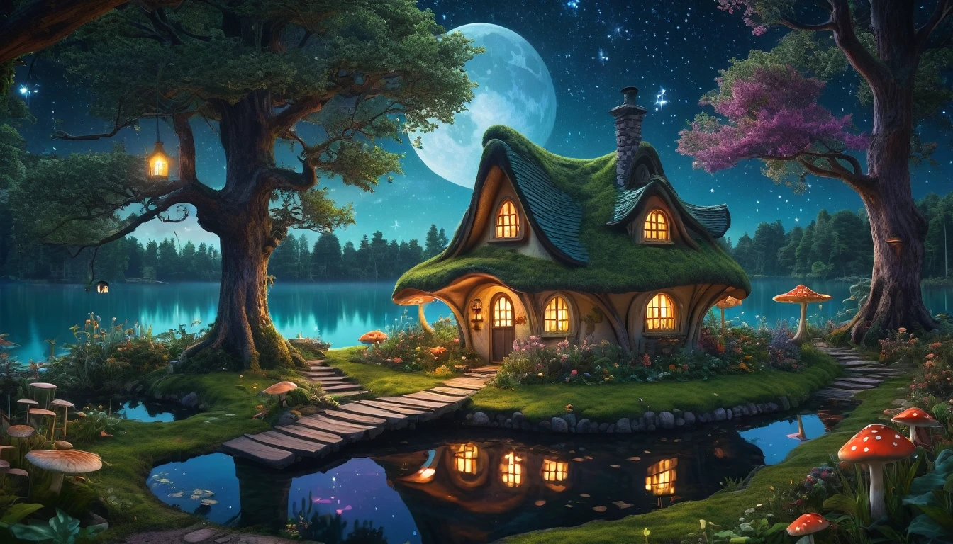 Cozy witch cottage deep in the fantasy forest, beside a serene lake under a starry night sky. The cottage has a bouncing mushroom roof, and a giant, wonderfully well-tended vegetable garden. Style similar to Milipili. Surreal, 8K, bright colors, clear and sharp images.