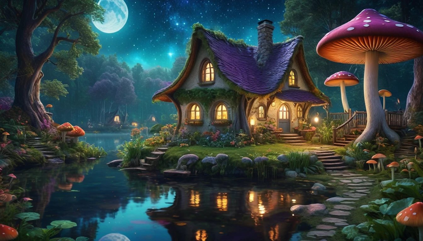 Cozy witch cottage deep in the fantasy forest, beside a serene lake under a starry night sky. The cottage has a bouncing mushroom roof, and a giant, wonderfully well-tended vegetable garden. Style similar to Milipili. Surreal, 8K, bright colors, clear and sharp images.