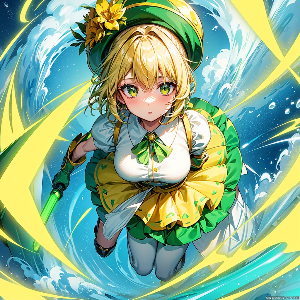 1girl、Dynamic composition、Yellow-green laser、(((Best Quality、Masterpiece、Official Art、Anime Style、The best dynamic composition、超detailed)))、Shine Muscat personification,Yellow-green hunting hat and coat,Light soft color coat and hat,Super huge、detailed、whole body、The finest details、