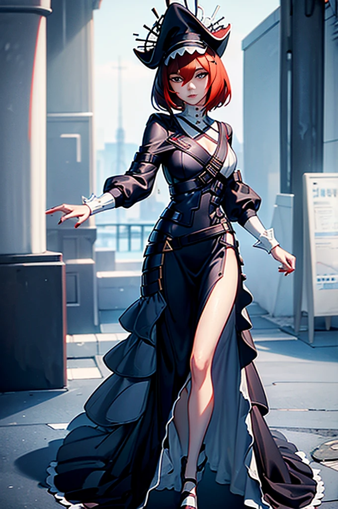 a beautiful girl with red hair wearing a black dress, detailed facial features, bob haircut, full body illustration, woman wearing a long black and red coat, solo character, white background, anime style, highly detailed, photorealistic, 8k, best quality, masterpiece, blue eyes, short hair
