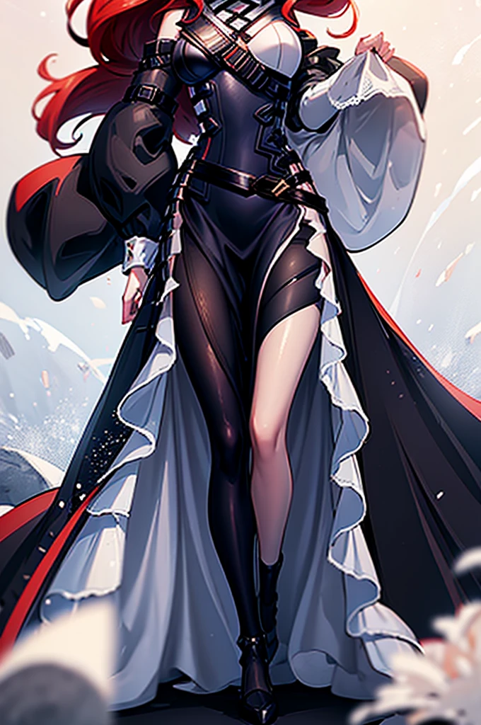 a beautiful girl with red hair wearing a black dress, detailed facial features, bob haircut, full body illustration, woman wearing a long black and red coat, solo character, white background, anime style, highly detailed, photorealistic, 8k, best quality, masterpiece, blue eyes, short hair