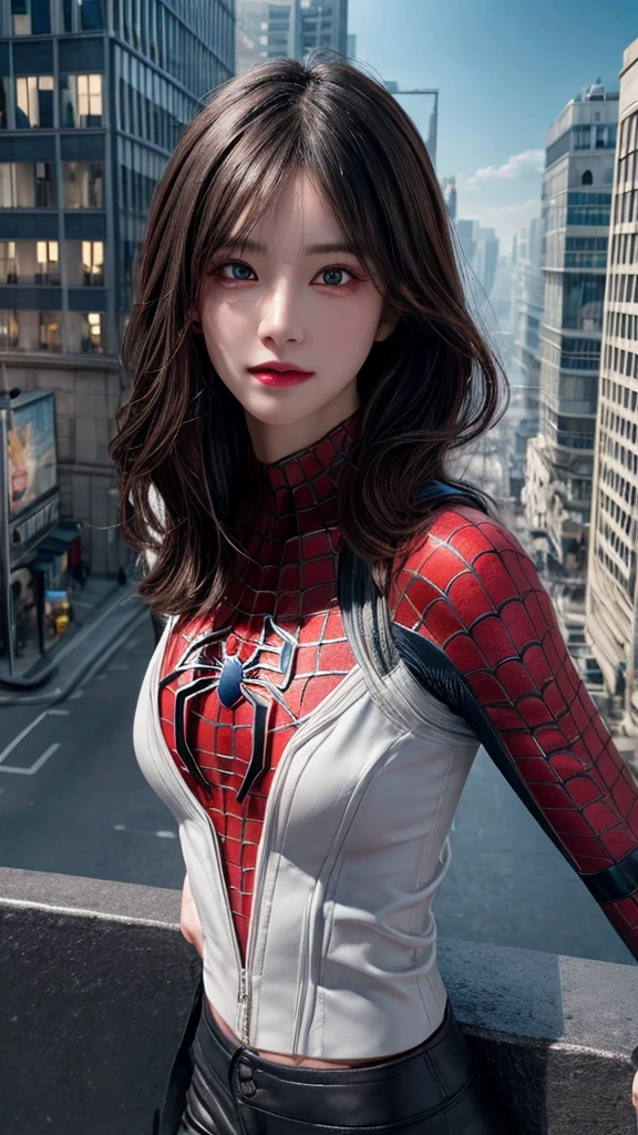 (1girl:1.3), Solo, (((Very detailed face)))), ((Very detailed eyes and face)))), Beautiful detail eyes, Body parts__, Official art, Unified 8k wallpaper, Super detailed, beautiful and beautiful, beautiful, masterpiece, best quality, original, masterpiece, super fine photo, best quality, super high resolution, realistic realism, sunlight, full body portrait, amazing beauty, dynamic pose, delicate face, vibrant eyes, (from the front), She wears Spider-Man suit, red and black color scheme, spider, very detailed city roof background, rooftop, overlooking the city, detailed face, detailed complex busy background, messy, gorgeous, milky white, highly detailed skin, realistic skin details, visible pores, clear focus, volumetric fog, 8k uhd, DSLR, high quality, film grain, fair skin, photo realism, lomography, futuristic dystopian megalopolis, translucent