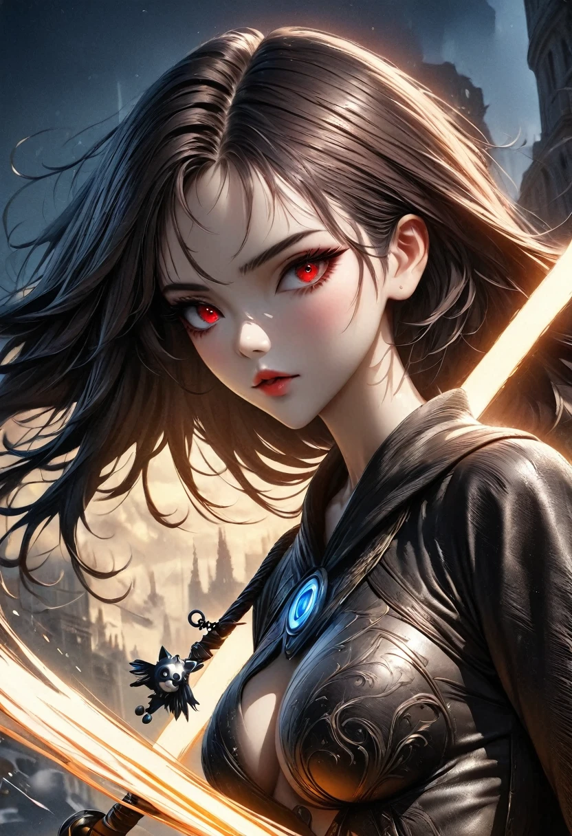 Super Girl, Over the city, Ready to fight, Detailed artistic photography, Beautiful and delicate face, Dreamy, glowing, Backlight, charm, glow, shadow, Oil on canvas, Brushstrokes, Soft, Ultra HD, 8K, Unreal Engine 5, Super sharp focus, Atjem, Loish, Science Fiction, complex art masterpiece, threaten, Matte paint movie poster, Golden Ratio, cgsociety Trends, complex, epic, Very detailed, Energetic, Creating a character render, High quality model