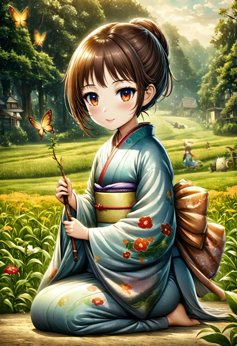 Fairy tale illustration by Reiko Ikemura, pixabay, The Art of Simplicity, full color illustration, cute fairy tale illustration, picture book illustration, illustration, Tea picking girl in the style of Hayao Miyazaki, In this field, kimono, kimono  