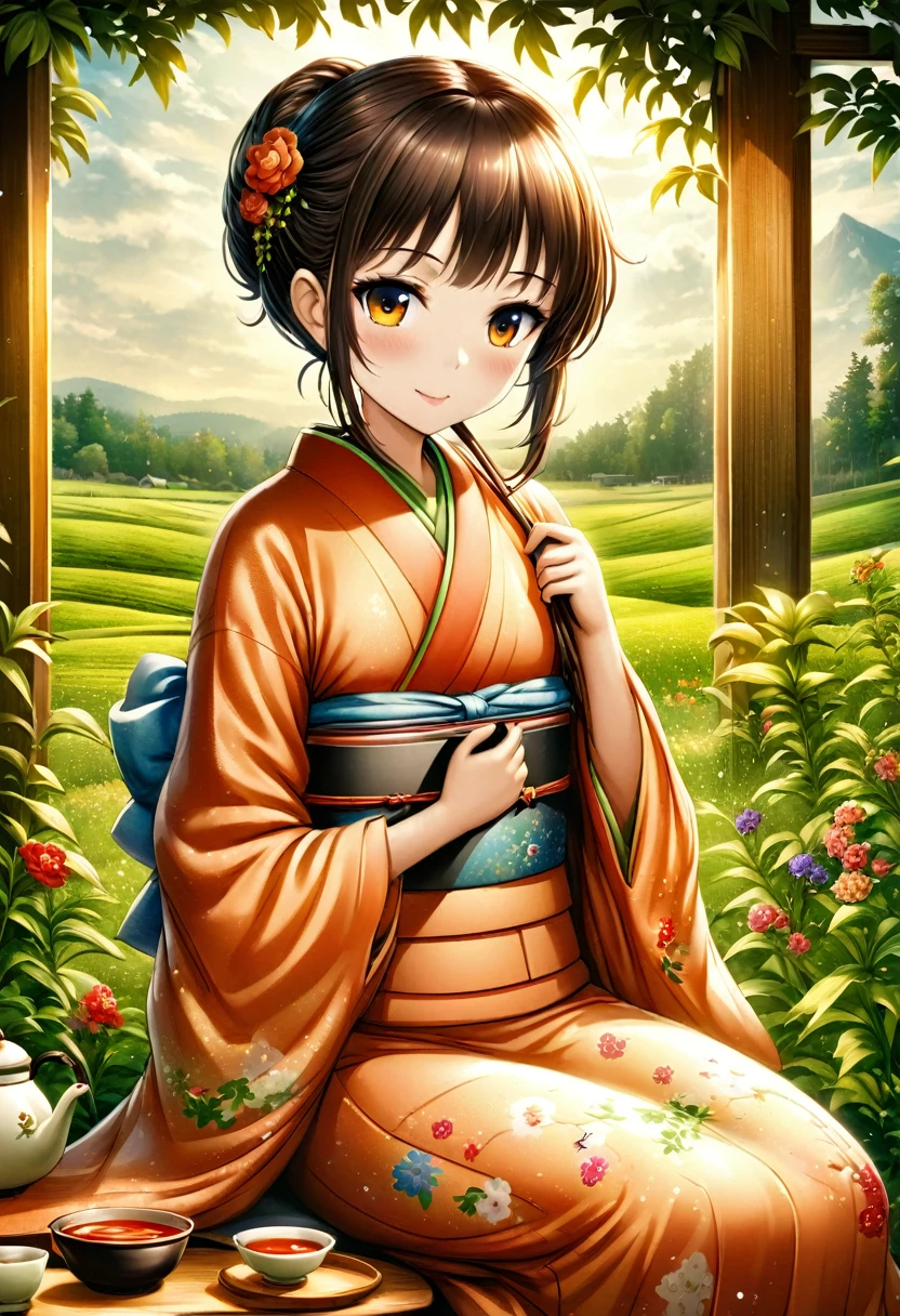 Fairy tale illustration by Reiko Ikemura, pixabay, The Art of Simplicity, full color illustration, cute fairy tale illustration, picture book illustration, illustration, Tea picking girl in the style of Hayao Miyazaki, In this field, kimono, kimono  