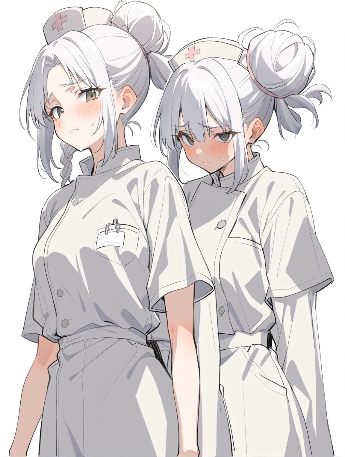 {{{sincos (sincos), girl, no human, waist-length}}}, 1 girl, nurse, wear a medical gown, waist-length, black eyes, tired face, weak facial expressions, hair tied at the back of the head in a bun, white hair, hair ivory color, stands directly towards the viewer, looking at viewer. white background, blank background.