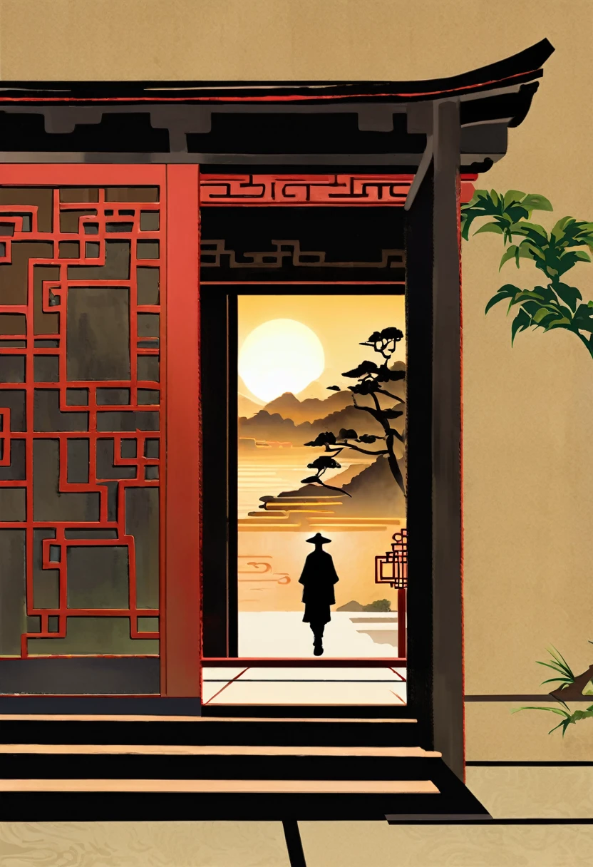 A painting depicting a person walking, There are very delicate Chinese classical doors and plants, Mysterious background, Layered sky, Red and black, Backlight, Traditional Chinese landscape style, New Tradition, Oriental style, James Turrell, The plant is Nagai&#39;s, Fan Kuan's style, The terrifying reality, And cunning. I can&#39;t believe how beautiful this is. Symmetrical composition, Massive, excellent use of negative space, Upward, One-point perspective, Realistic ultra-details, 8K, HD