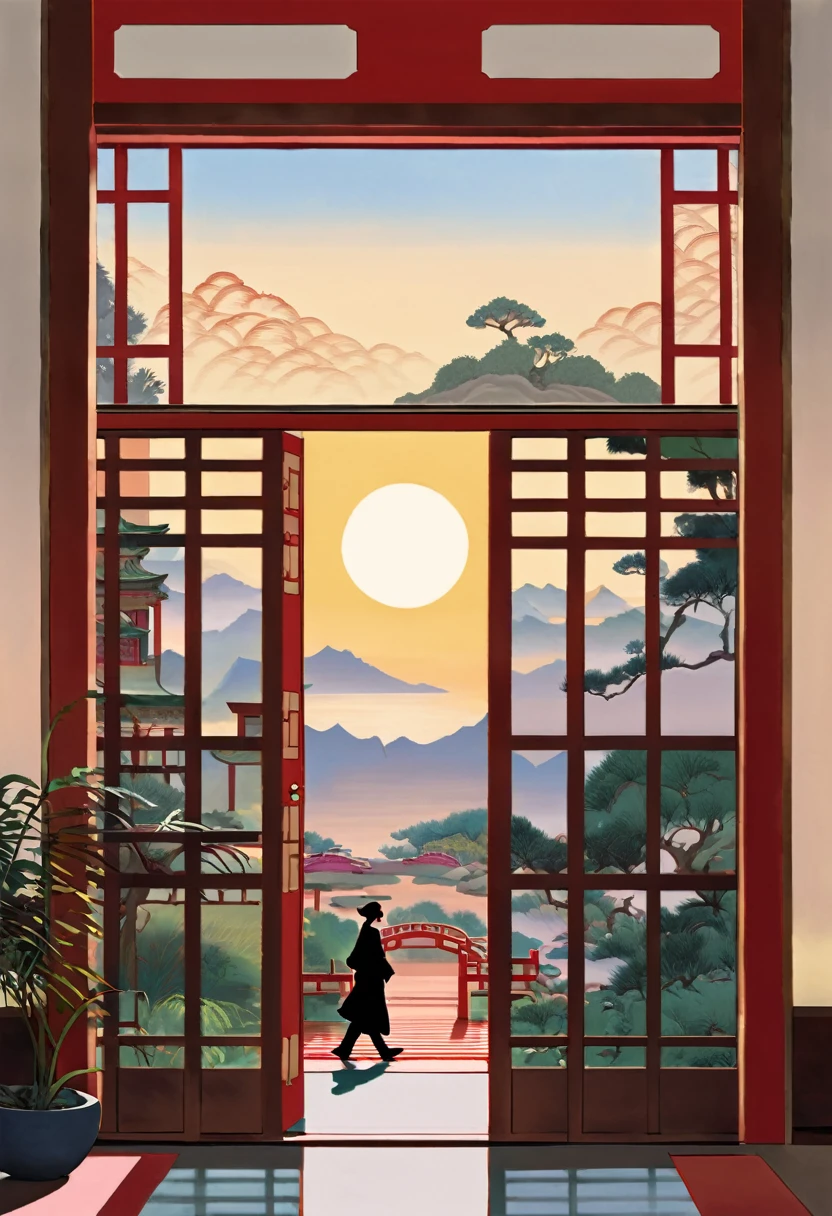 A painting depicting a person walking, There are very delicate Chinese classical doors and plants, Mysterious background, Layered sky, Red and black, Backlight, Traditional Chinese landscape style, New Tradition, Oriental style, James Turrell, The plant is Nagai&#39;s, Fan Kuan's style, The terrifying reality, And cunning. I can&#39;t believe how beautiful this is. Symmetrical composition, Massive, excellent use of negative space, Upward, One-point perspective, Realistic ultra-details, 8K, HD