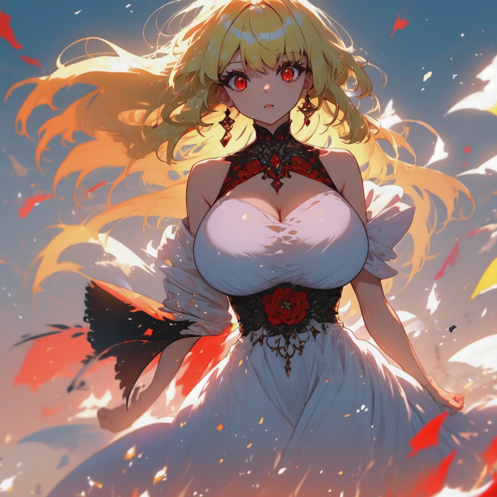 Many women with blond hair and red eyes wear dresses and have big breasts