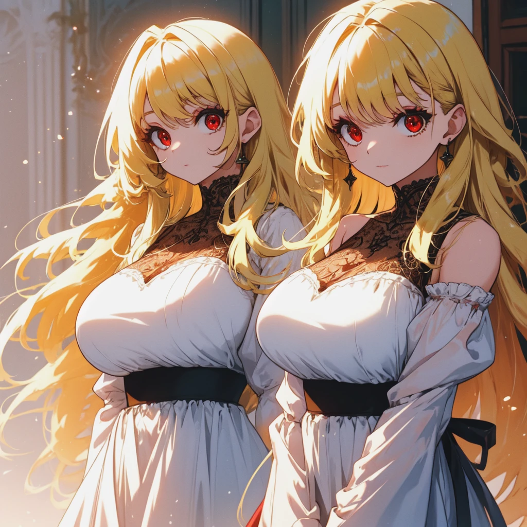 Many women with blond hair and red eyes wear dresses and have big breasts