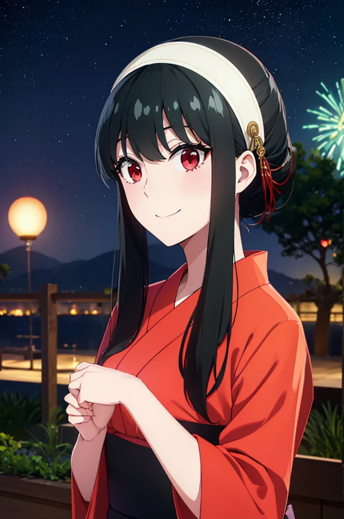 (SFW:1.8、masterpiece, Highest quality),女の子1people々々, 一people々々in, Absurd、現実inは捉えられないディテールと美しさ、hyper Realistic, Realistic,Realistic, Looking at the audience, 美しいbangs:2、魅力的なbangs:2、bangs:2、), Mouth closed, Big Tits Eyes、eyelash、 whole :2、(((Add highlights to the eyes:1.4、Long Hair、She is very 美しい and cute、Show me your ears、Beautiful long neck:1.8、smile、Close your mouth and smile:1.5、bangsと美しい歯)))、Ideal body type、((firework、Night Sky、Night Skyに美しいfirework、Summer festival))、Beautiful long neck:1.6、Perfect Anatomy、people々Beautiful pads that make you feel happy:2、自然in快適な照明、Keep an eye on your audience、Shadow Fade、Listen carefully、smile、((Black Hair、Red yukata、White hair band、Red eyes))、A starry sky、Rich nature background、stall、fireworkの光