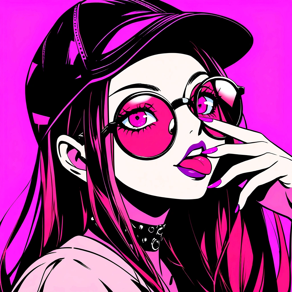 A digital art of a girl with a playful expression, sticking out her tongue and touching her cheek with her hand. She wears a blue baseball cap, round pink sunglasses, and a black choker. Her hair is messy and dark, with strands falling over her face. The background is solid pink, creating a vibrant and edgy atmosphere. The girl has pink eye makeup, matching her sunglasses, and her nails are painted red. The style is modern and slightly exaggerated, typical of anime or manga illustrations.