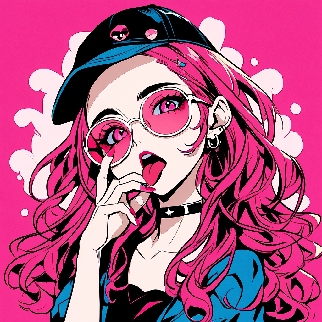 A digital art of a girl with a playful expression, sticking out her tongue and touching her cheek with her hand. She wears a blue baseball cap, round pink sunglasses, and a black choker. Her hair is messy and dark, with strands falling over her face. The background is solid pink, creating a vibrant and edgy atmosphere. The girl has pink eye makeup, matching her sunglasses, and her nails are painted red. The style is modern and slightly exaggerated, typical of anime or manga illustrations.