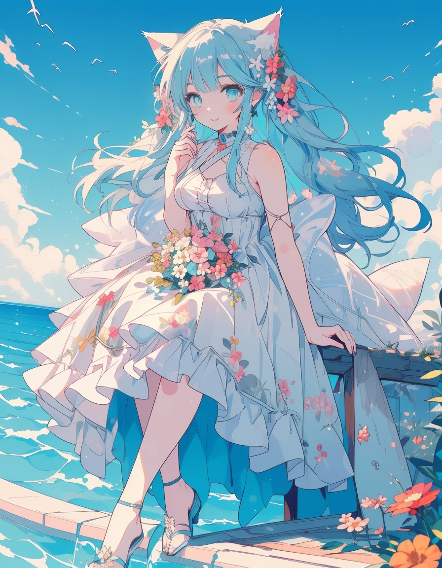 flower garden, smile, taking a flower bouquet, full body, ((masterpiece, best quality:1.5)), ((Beautiful detailed cat aqua eyes:1.2)), cat ears, pale skin, medium breasts, beautiful hands, beautiful fingers, EasyNegative