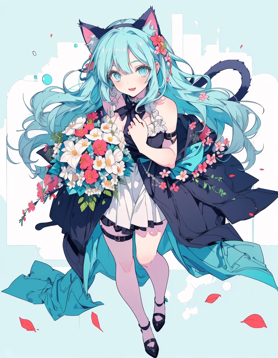 flower garden, smile, taking a flower bouquet, full body, ((masterpiece, best quality:1.5)), ((Beautiful detailed cat aqua eyes:1.2)), cat ears, pale skin, medium breasts, beautiful hands, beautiful fingers, EasyNegative