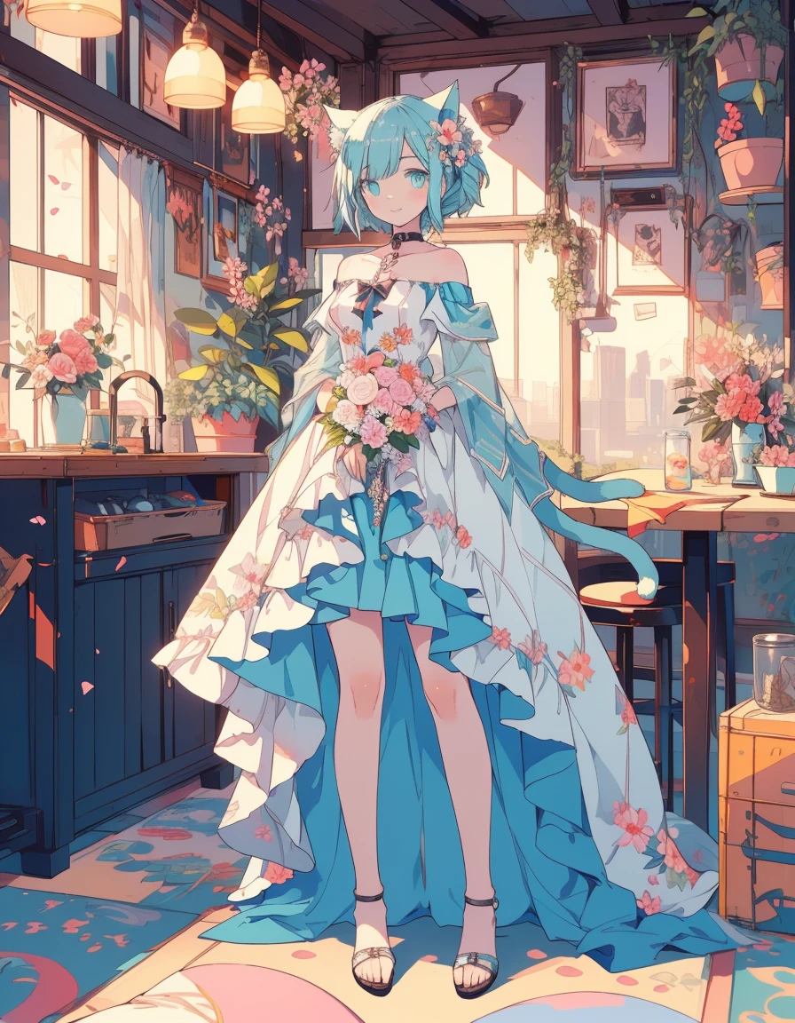 flower garden, smile, taking a flower bouquet, full body, ((masterpiece, best quality:1.5)), ((Beautiful detailed cat aqua eyes:1.2)), cat ears, pale skin, medium breasts, beautiful hands, beautiful fingers, EasyNegative