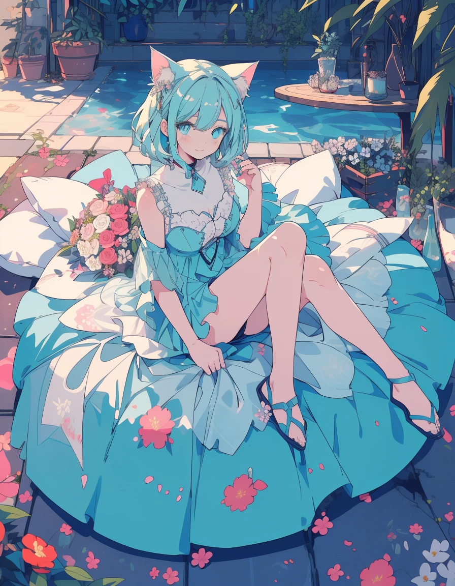 flower garden, smile, taking a flower bouquet, full body, ((masterpiece, best quality:1.5)), ((Beautiful detailed cat aqua eyes:1.2)), cat ears, pale skin, medium breasts, beautiful hands, beautiful fingers, EasyNegative