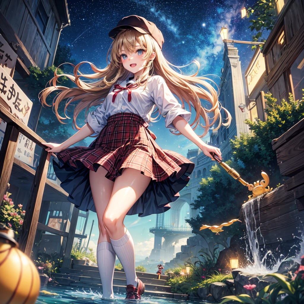 Red, brown, gold, gold hair、Golden Eyes、Hair tied up、One good looking girl、solo、anime、Checkered mini skirt、Ruffles on the skirt、Checked dress、blouse、school uniform、Black knee-high socks、Wearing a baseball cap、Ribbon、Ribbon on waist、Teeth are visible、Silver coin necklace、From above、Cobblestones、waterfall、Starry Sky、Midnight Moon、suspension bridge、Soap bubbles are flying、beam、ripple、Rocks floating in water、Crab walking、Standing still、Eight Towers