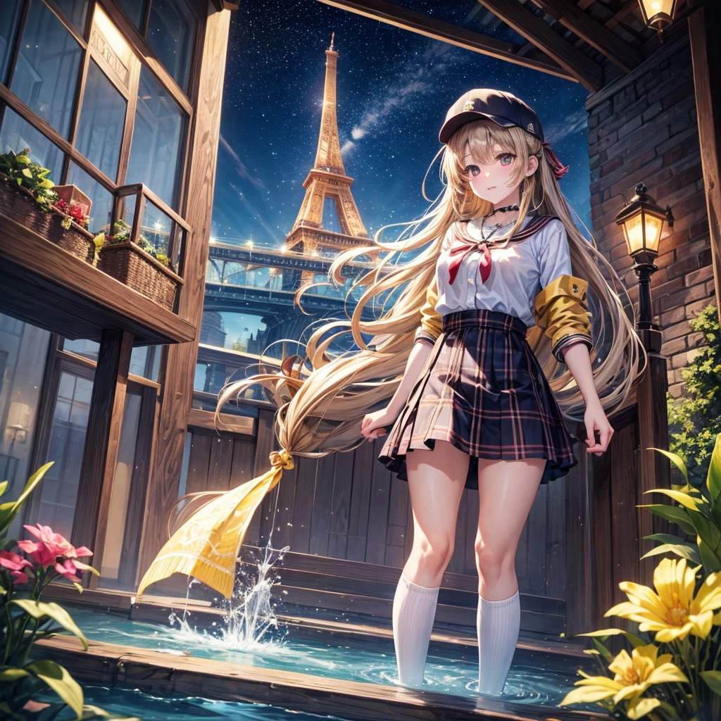 Red, brown, gold, gold hair、Golden Eyes、Hair tied up、One good looking girl、solo、anime、Checkered mini skirt、Ruffles on the skirt、Checked dress、blouse、school uniform、Black knee-high socks、Wearing a baseball cap、Ribbon、Ribbon on waist、Teeth are visible、Silver coin necklace、From above、Cobblestones、waterfall、Starry Sky、Midnight Moon、suspension bridge、Soap bubbles are flying、beam、ripple、Rocks floating in water、Crab walking、Standing still、Eight Towers