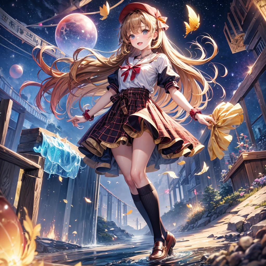 Red, brown, gold, gold hair、Golden Eyes、Hair tied up、One good looking girl、solo、anime、Checkered mini skirt、Ruffles on the skirt、Checked dress、blouse、school uniform、Black knee-high socks、Wearing a baseball cap、Ribbon、Ribbon on waist、Teeth are visible、Silver coin necklace、From above、Cobblestones、waterfall、Starry Sky、Midnight Moon、suspension bridge、Soap bubbles are flying、beam、ripple、Rocks floating in water、Crab walking、Standing still、Eight Towers
