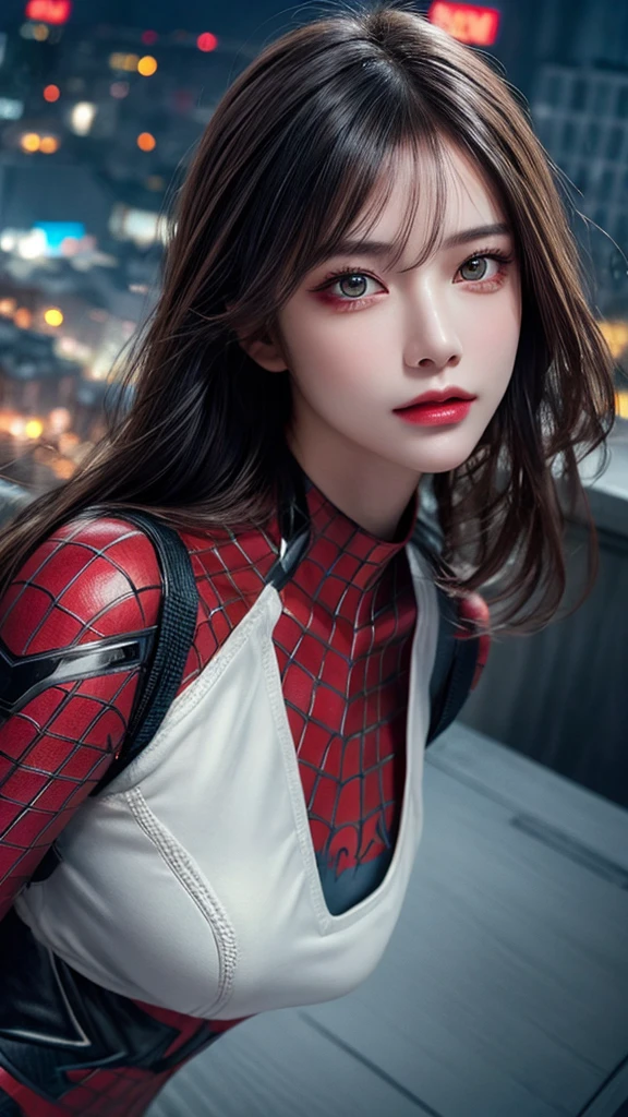 (1girl:1.3), Solo, (((Very detailed face)))), ((Very detailed eyes and face)))), Beautiful detail eyes, Body parts__, Official art, Unified 8k wallpaper, Super detailed, beautiful and beautiful, beautiful, masterpiece, best quality, original, masterpiece, super fine photo, best quality, super high resolution, realistic realism, sunlight, full body portrait, amazing beauty, dynamic pose, delicate face, vibrant eyes, (from the front), She wears Spider-Man suit, red and black color scheme, spider, very detailed city roof background, rooftop, overlooking the city, detailed face, detailed complex busy background, messy, gorgeous, milky white, highly detailed skin, realistic skin details, visible pores, clear focus, volumetric fog, 8k uhd, DSLR, high quality, film grain, fair skin, photo realism, lomography, futuristic dystopian megalopolis, translucent