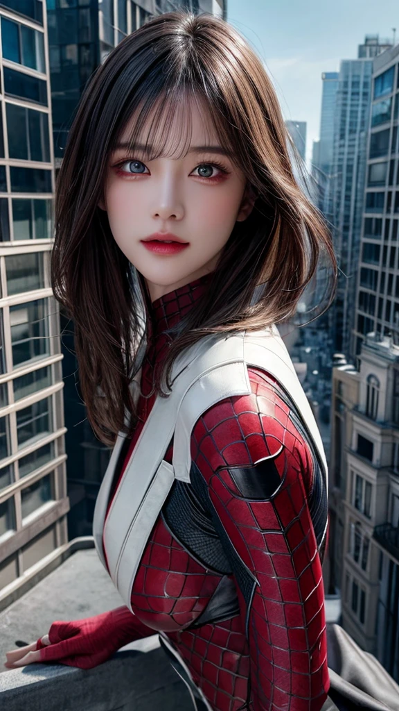 (1girl:1.3), Solo, (((Very detailed face)))), ((Very detailed eyes and face)))), Beautiful detail eyes, Body parts__, Official art, Unified 8k wallpaper, Super detailed, beautiful and beautiful, beautiful, masterpiece, best quality, original, masterpiece, super fine photo, best quality, super high resolution, realistic realism, sunlight, full body portrait, amazing beauty, dynamic pose, delicate face, vibrant eyes, (from the front), She wears Spider-Man suit, red and black color scheme, spider, very detailed city roof background, rooftop, overlooking the city, detailed face, detailed complex busy background, messy, gorgeous, milky white, highly detailed skin, realistic skin details, visible pores, clear focus, volumetric fog, 8k uhd, DSLR, high quality, film grain, fair skin, photo realism, lomography, futuristic dystopian megalopolis, translucent