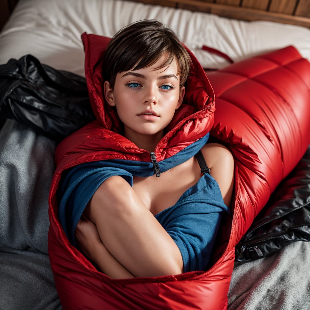 young woman, Blue eyes, short hair, The girl is wearing a red sleeping bag, girl in a narrow sleeping bag, the sleeping bag is tied with black straps
