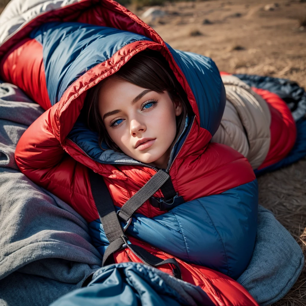young woman, Blue eyes, short hair, The girl is wearing a red sleeping bag, girl in a narrow sleeping bag, the sleeping bag is tied with black straps